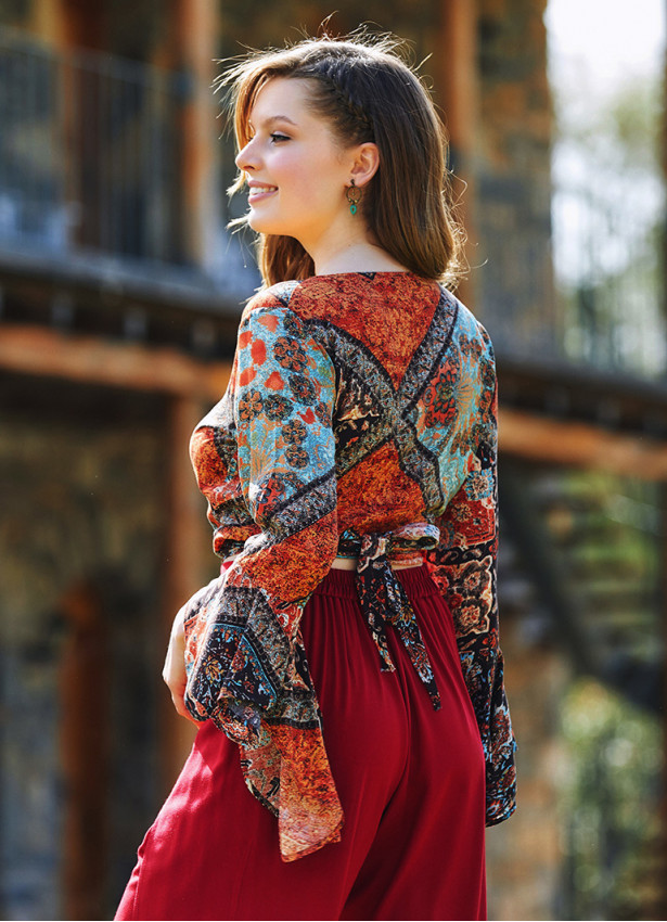 Etnik Desenli İspanyol Kol Crop Bluz 3189