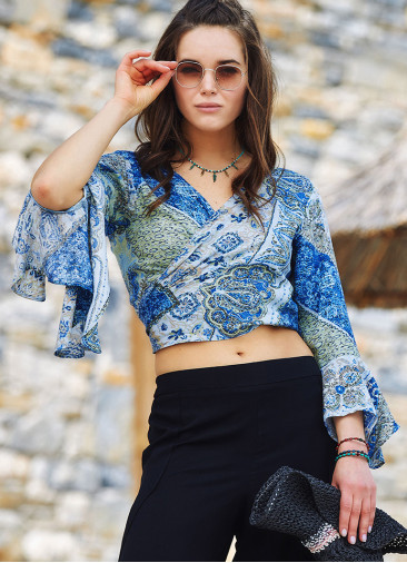 Mavi Desenli İspanyol Kol Crop Bluz 3191