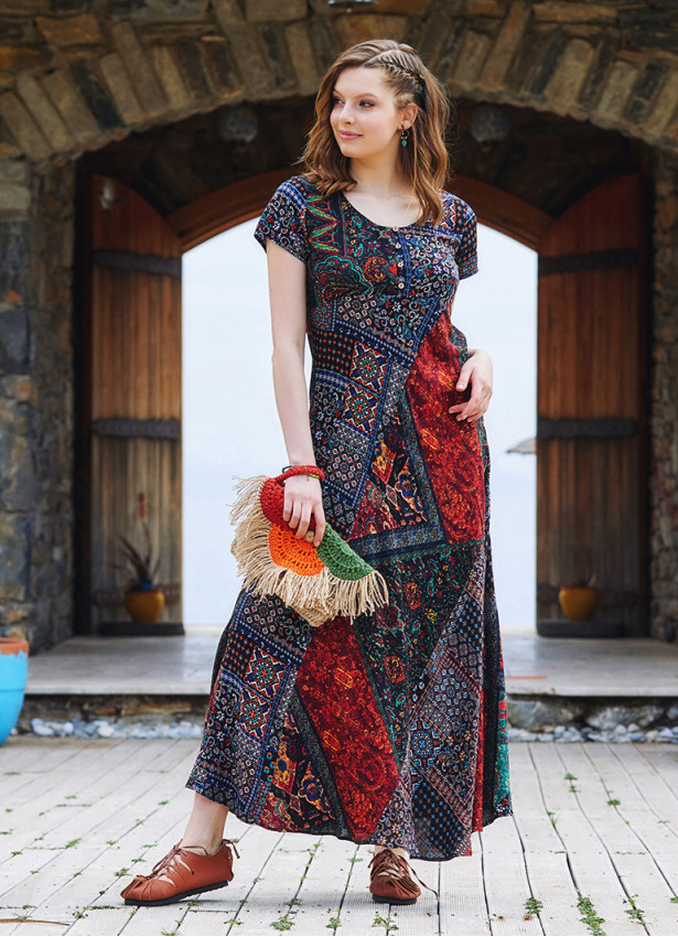 Otantik Desenli Bohem Tarz U Yaka Patch Elbise 3354