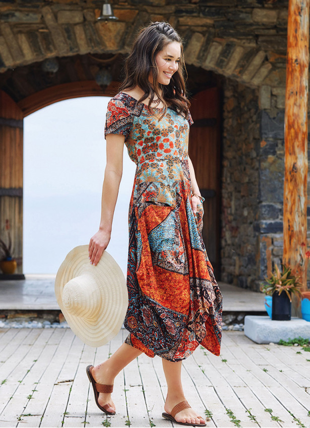 Brown Printed Asymetrical Hem Half Sleeve Long Dress | Los Banditos