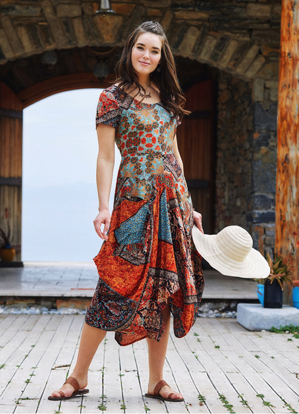 Brown Printed Asymetrical Hem Half Sleeve Long Dress | Los Banditos