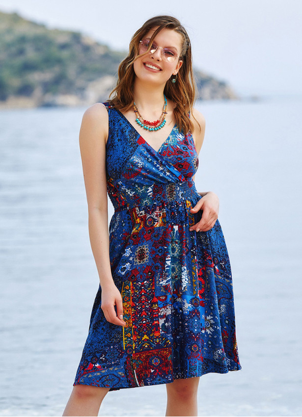 İndigo Bohem Tarz Kruvaze V Yaka Elbise 3225