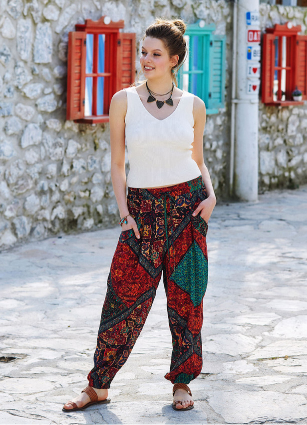 Otantik Desenli Bohem Stil Dökümlü Şalvar Pantolon 3356