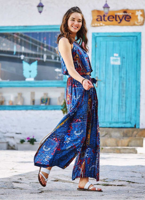 Mavi Desenli Kayık Yaka Tulum Otantik Tulum 3255