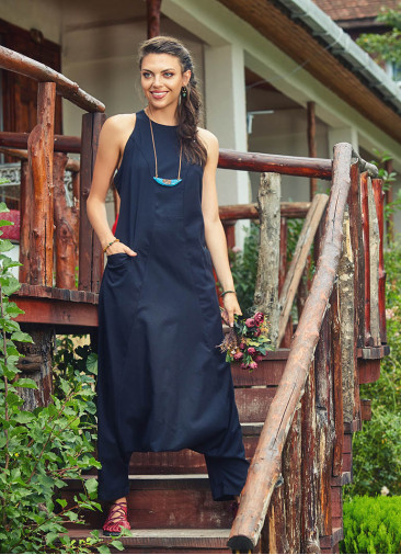Halter Yaka Sırt Dekolteli Siyah Şalvar Tulum 2445