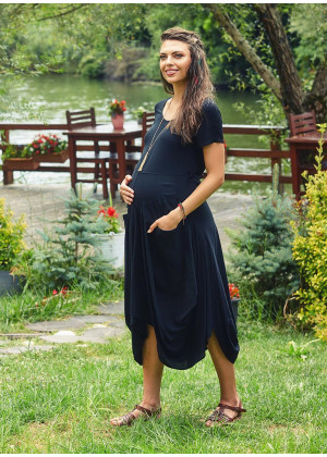 Havuz Yaka Ön Cepli Yarım Kollu Uzun Hamile Elbise