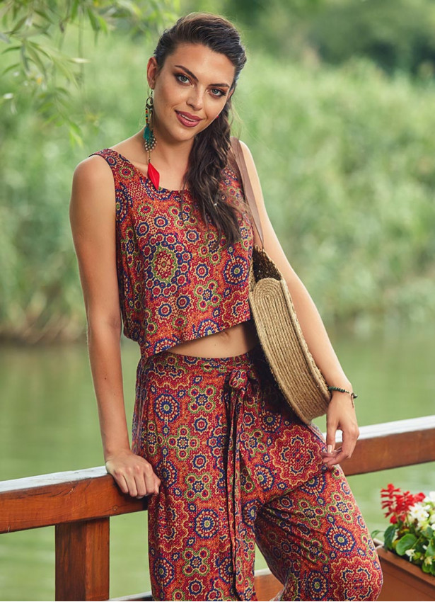 Retro Desenli Kayık Yaka Tulum Otantik Tulum 2449