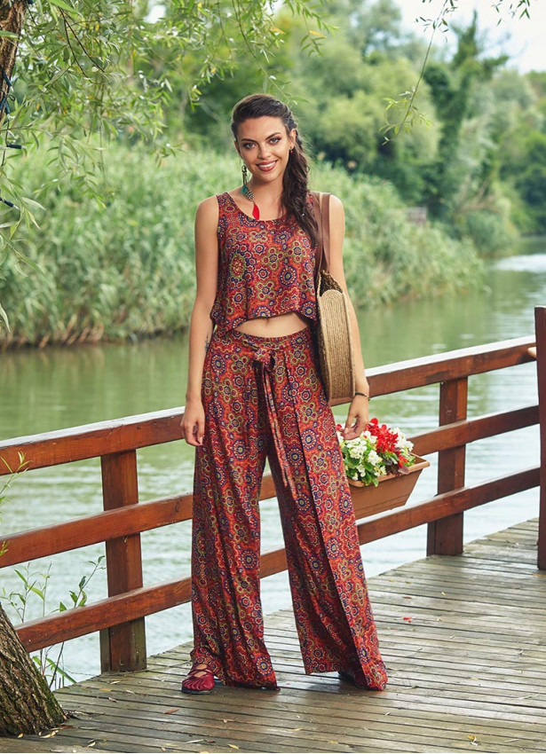 Retro Desenli Kayık Yaka Tulum Otantik Tulum 2449